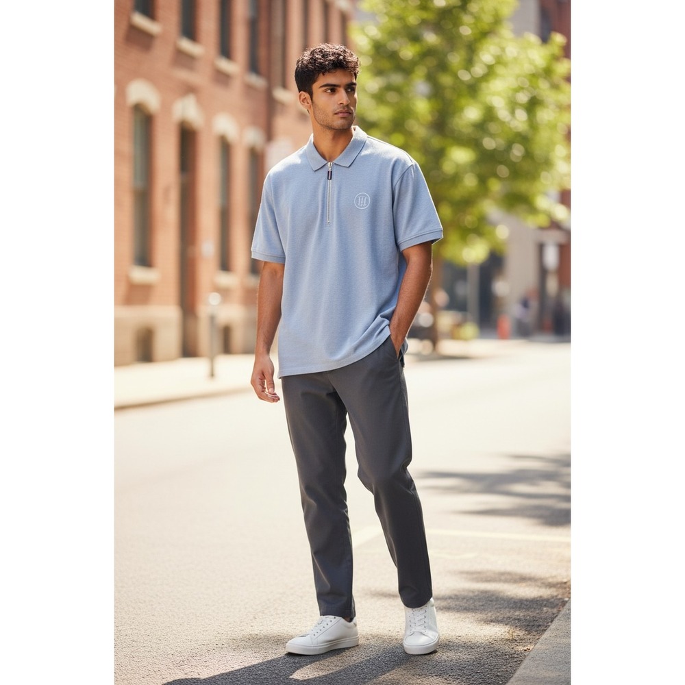 Tommy Hilfiger Mens XL Quarter Zip‎ Polo Shirt Light Blue Heather Monogram Logo